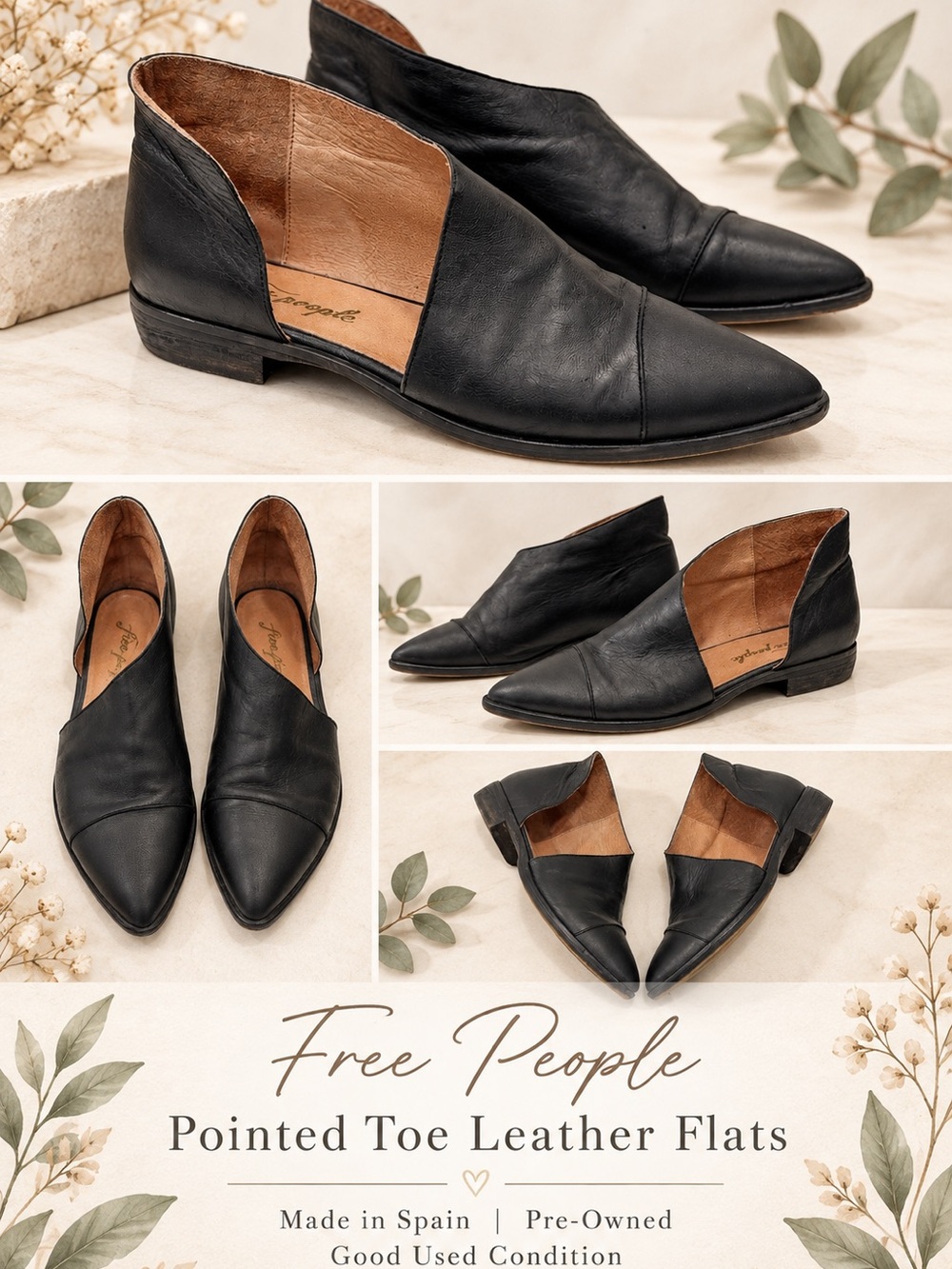 Free People Black Pointed-Toe Cutout Leather Flats size 37.5
